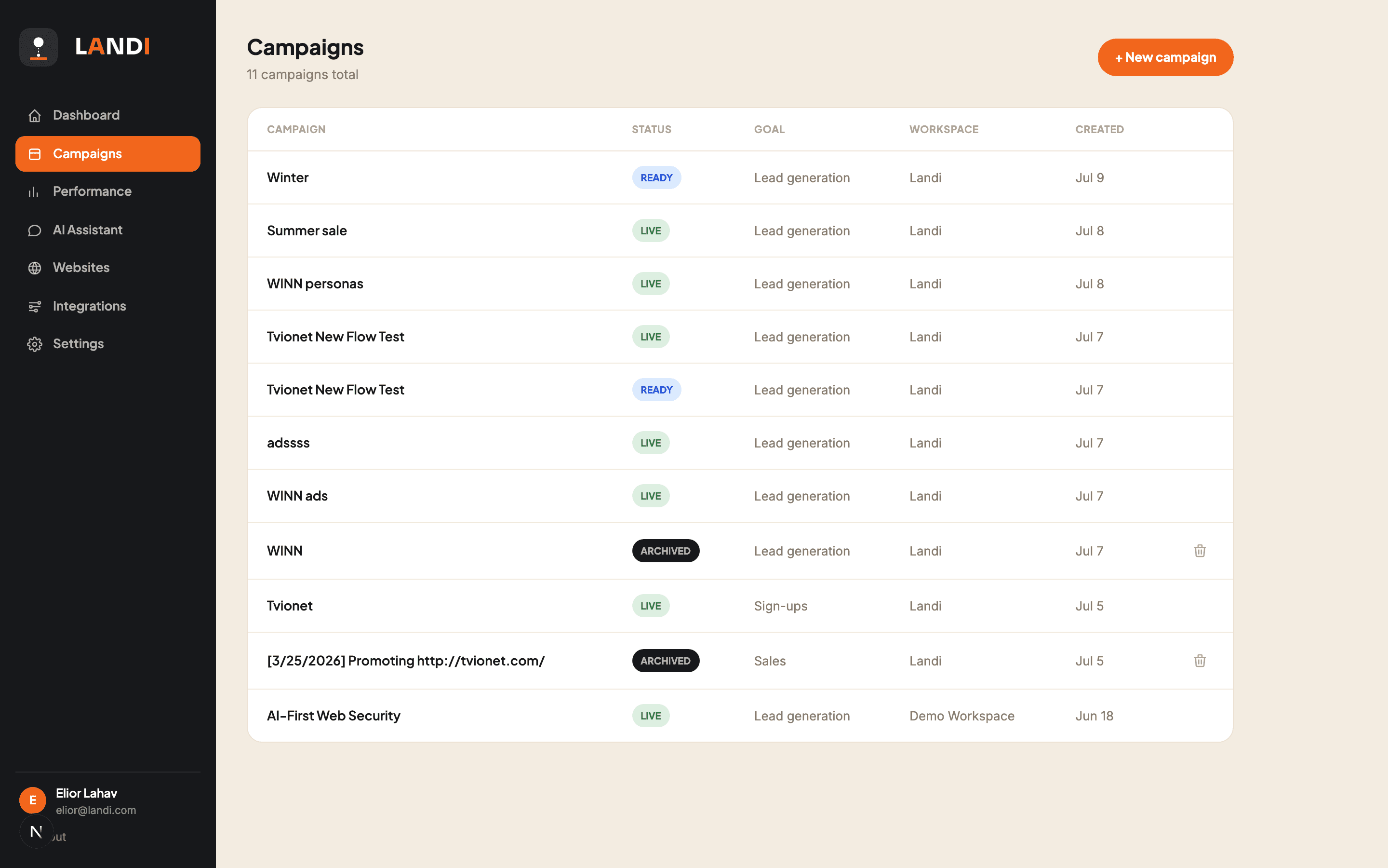 Landi campaigns screen generating a conversion-ready page from a brief