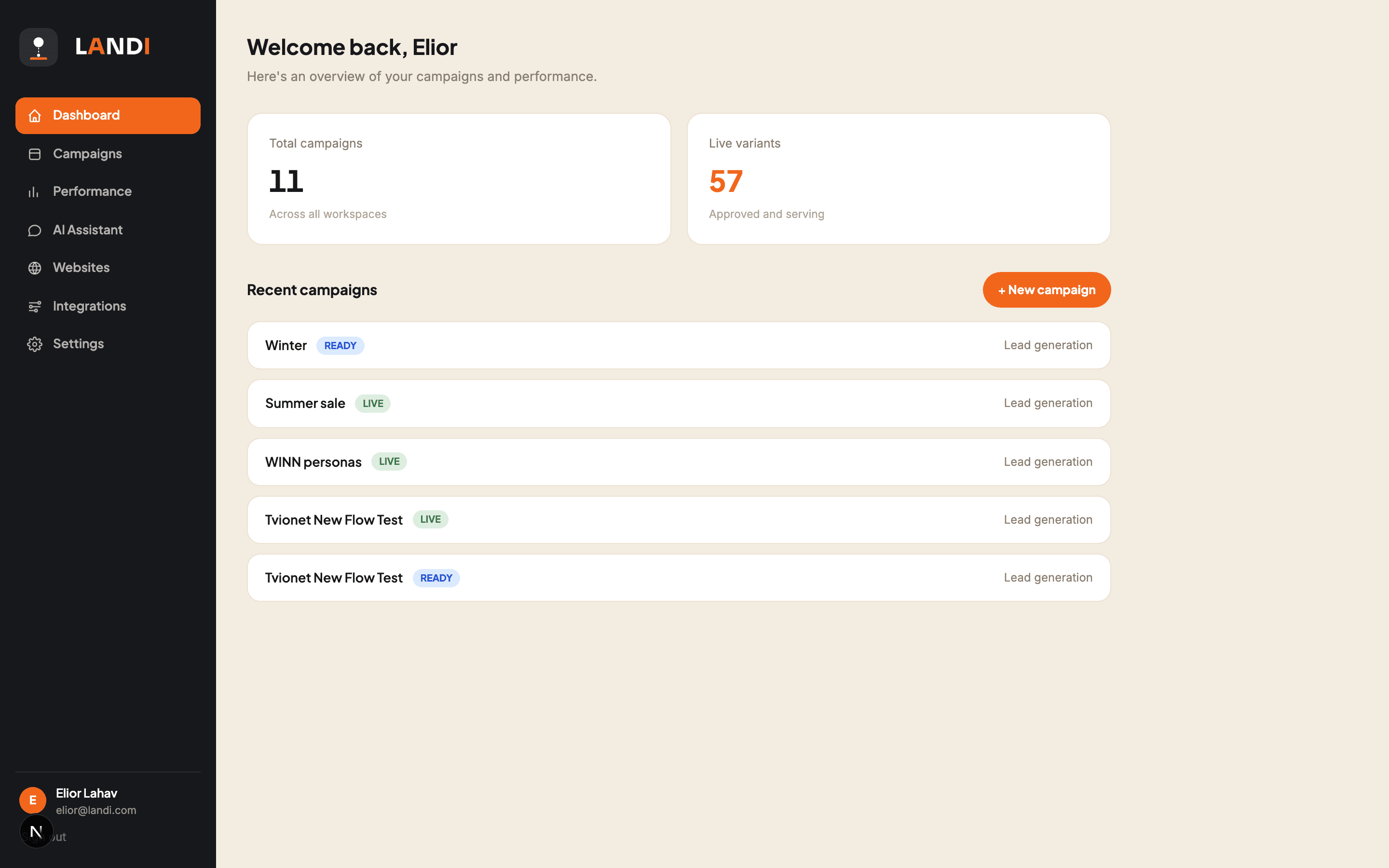 Landi dashboard assembling a personalized page variant per visitor